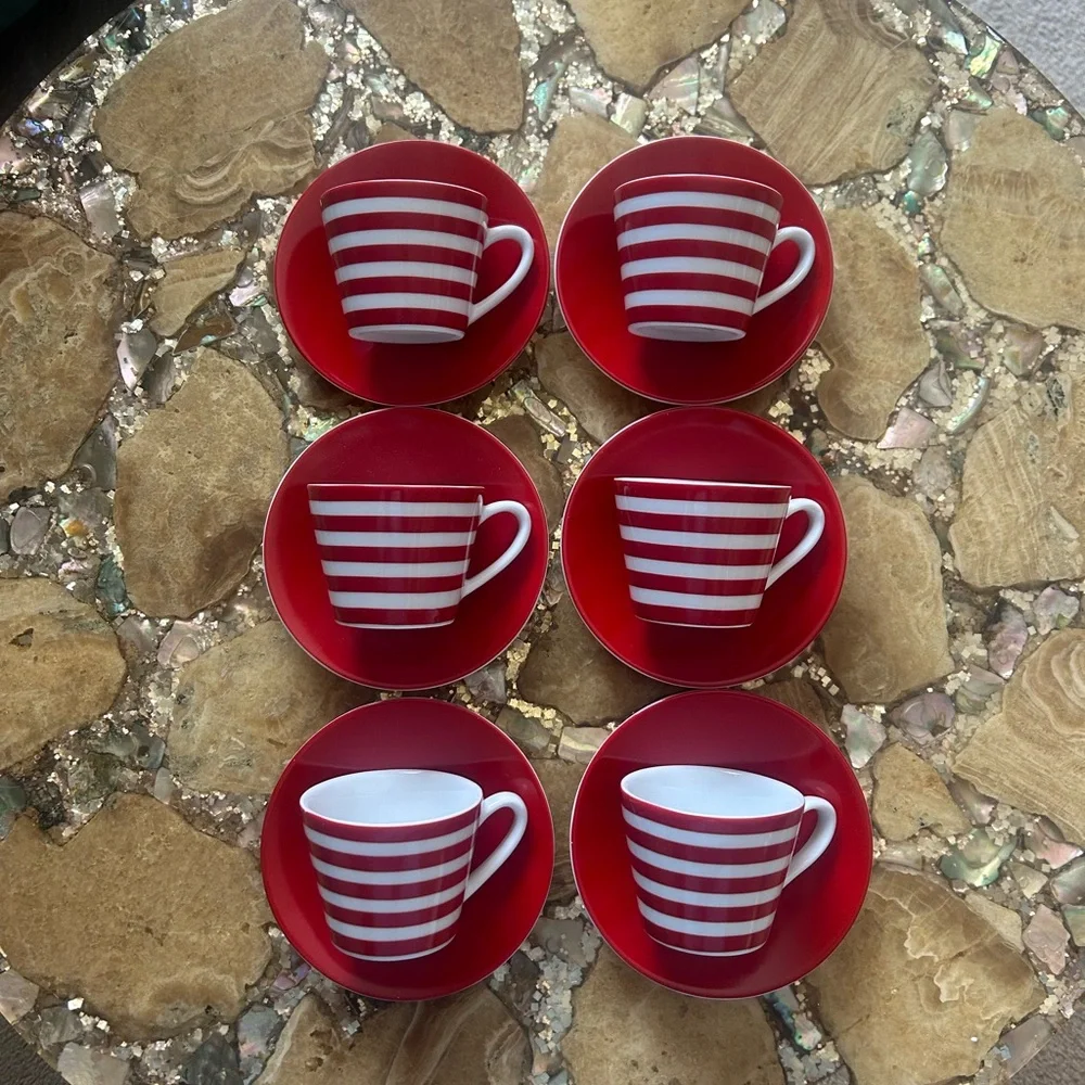 Crate&Barrel Red and White Striped Espresso Cup and Saucer Set
